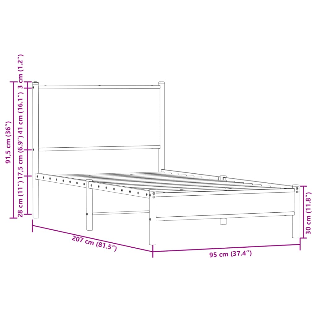 vidaXL Bettgestell mit Kopfteil Metall Braun Eichen-Optik 90x200 cm