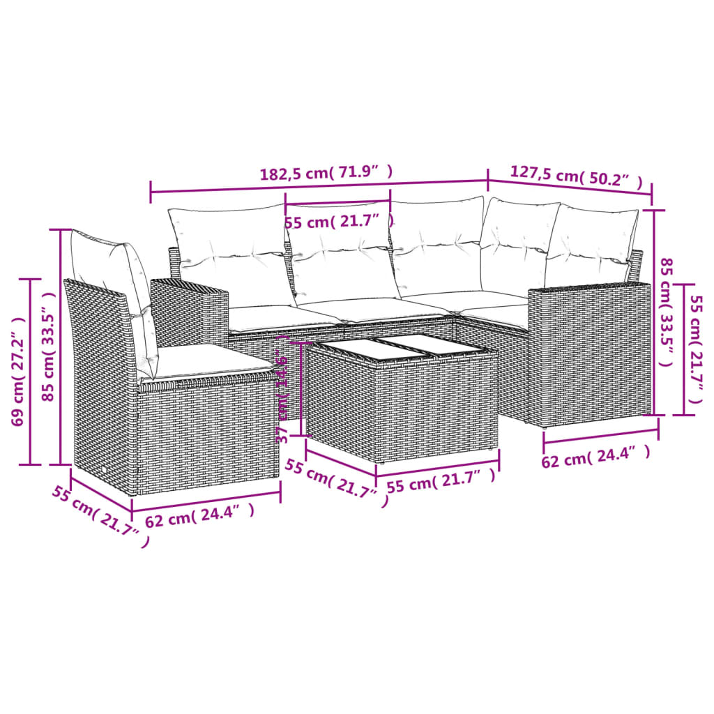 vidaXL 6-tlg. Garten-Sofagarnitur mit Kissen Hellgrau Poly Rattan