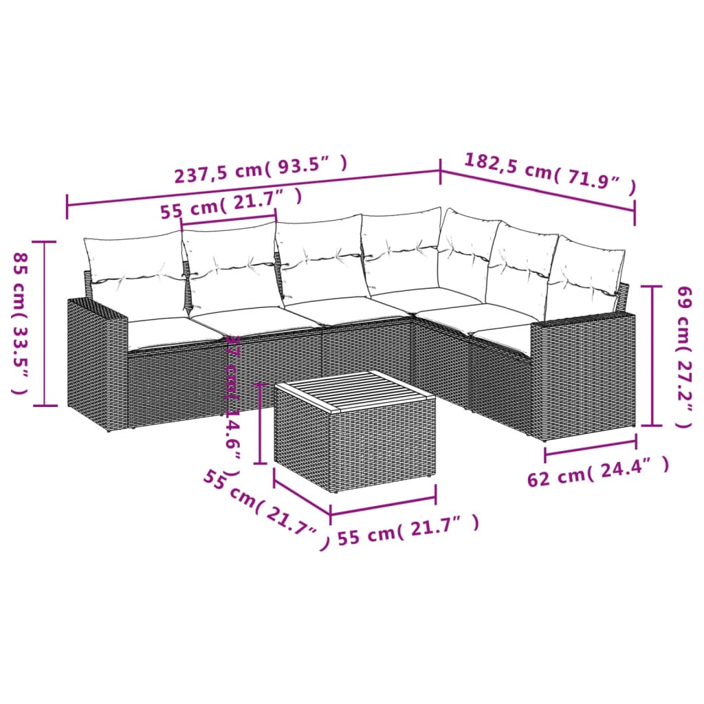 vidaXL 7-tlg. Garten-Sofagarnitur mit Kissen Grau Poly Rattan