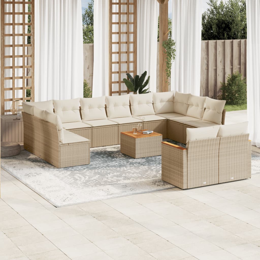 vidaXL 13-tlg. Garten-Sofagarnitur mit Kissen Beige Poly Rattan