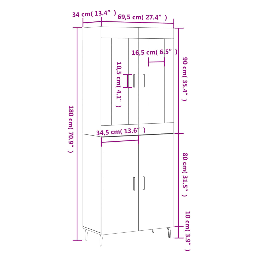 vidaXL Highboard Schwarz 69,5x34x180 cm Holzwerkstoff