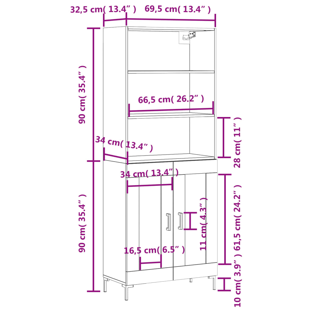 vidaXL Highboard Räuchereiche 69,5x34x180 cm Holzwerkstoff