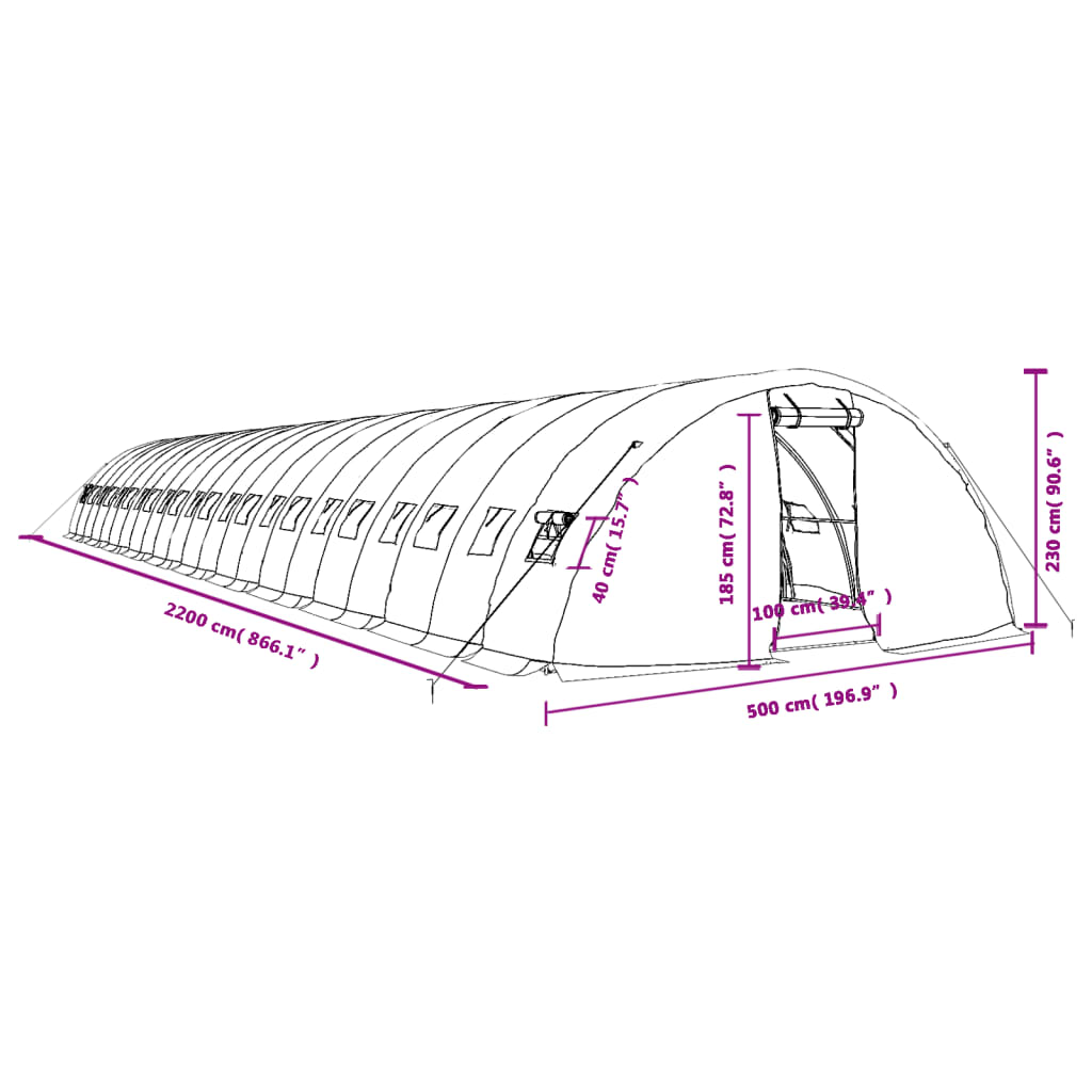 vidaXL Gewächshaus mit Stahlrahmen Grün 110 m² 22x5x2,3 m