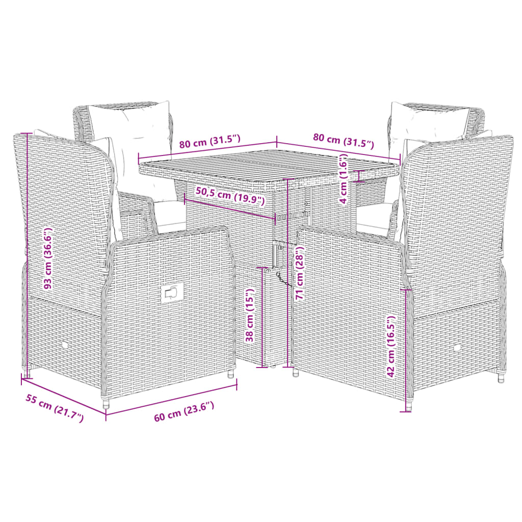 vidaXL 5-tlg. Garten-Essgruppe mit Kissen Schwarz Poly Rattan