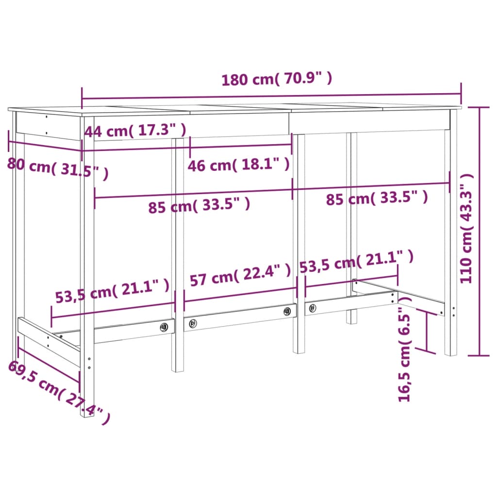 vidaXL Bartisch 180x80x110 cm Massivholz Kiefer