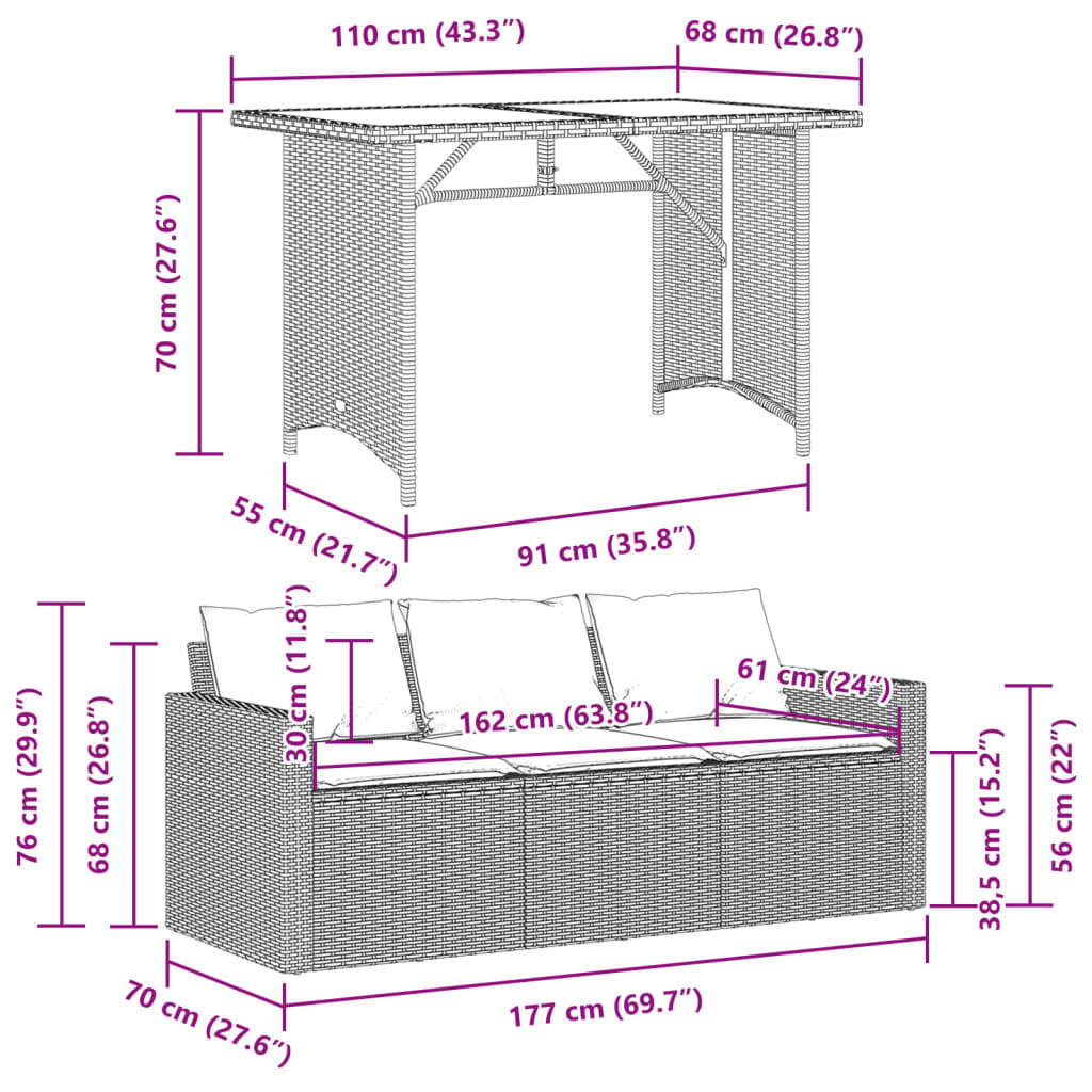 vidaXL 2-tlg. Garten-Essgruppe mit Kissen Grau Poly Rattan