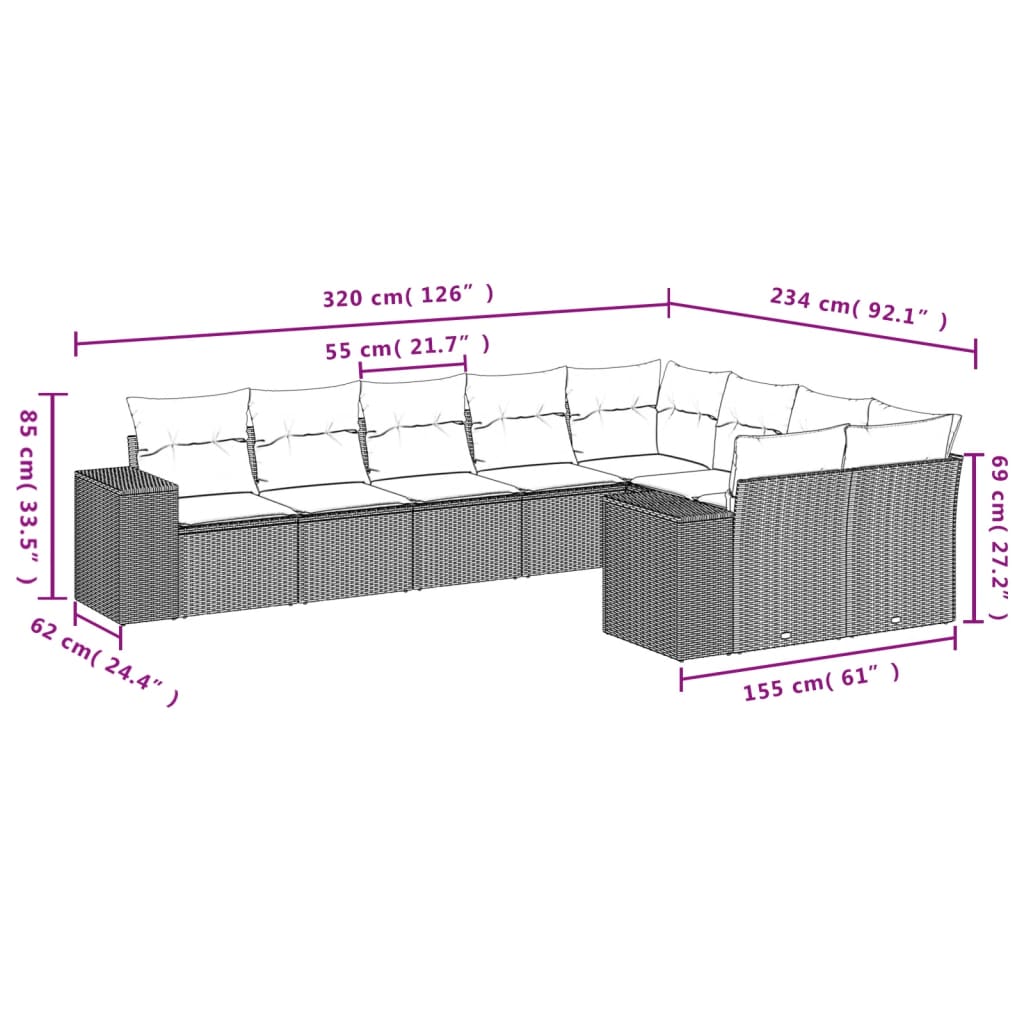 vidaXL 9-tlg. Garten-Sofagarnitur mit Kissen Beige Poly Rattan