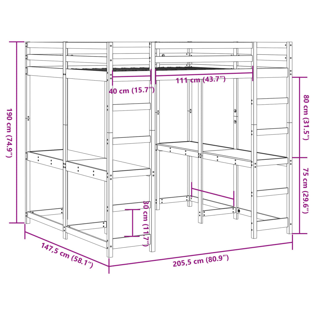 vidaXL Hochbett mit Schreibtisch & Leiter 140x200 cm Massivholz Kiefer