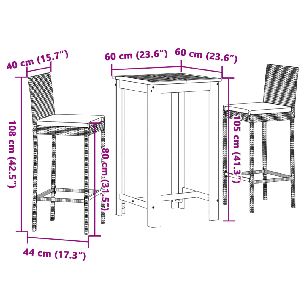 vidaXL 3-tlg. Gartenbar-Set Grau Massivholz Akazie und Poly Rattan