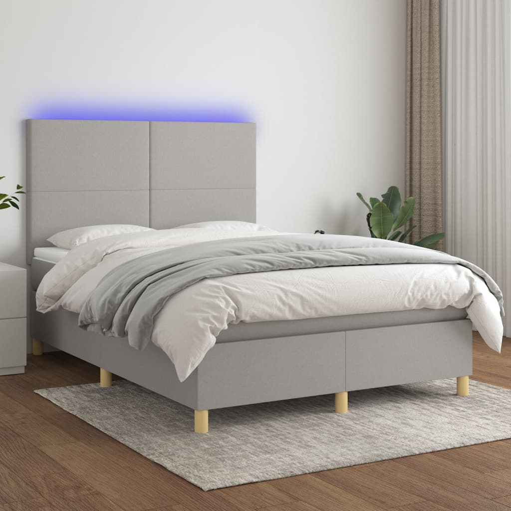 vidaXL Boxspringbett mit Matratze & LED Hellgrau 140x190 cm Stoff