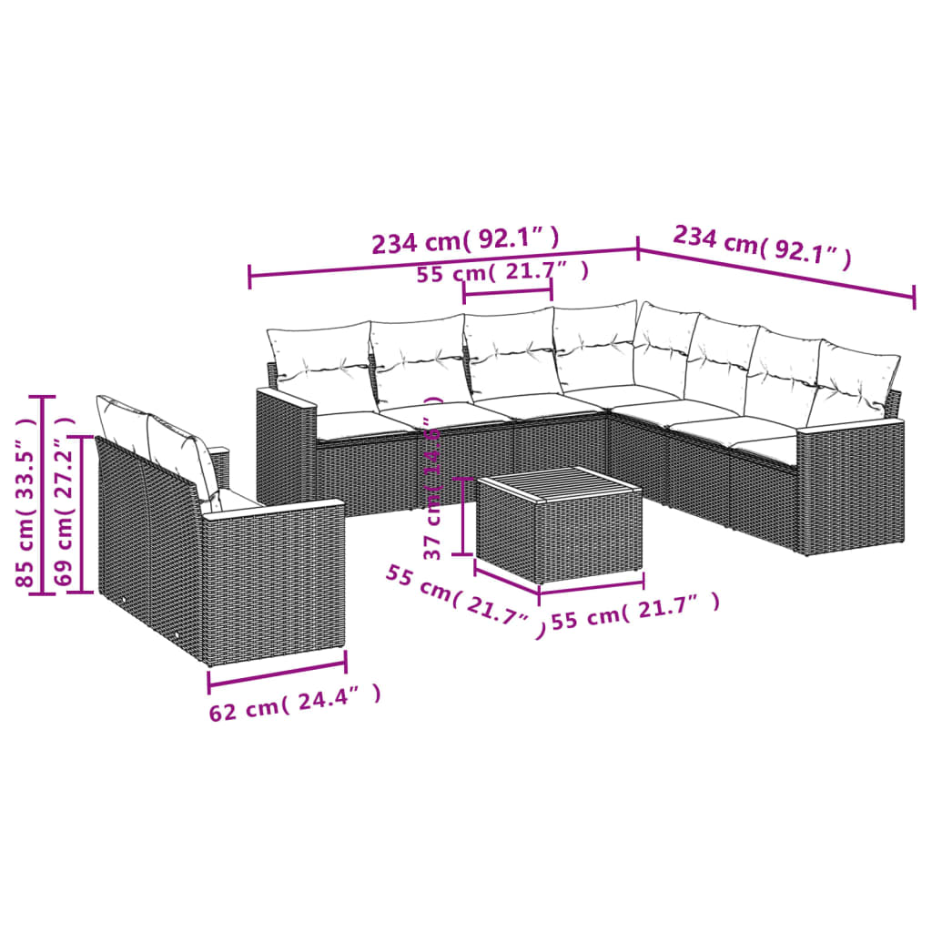 vidaXL 10-tlg. Garten-Sofagarnitur mit Kissen Beige Poly Rattan