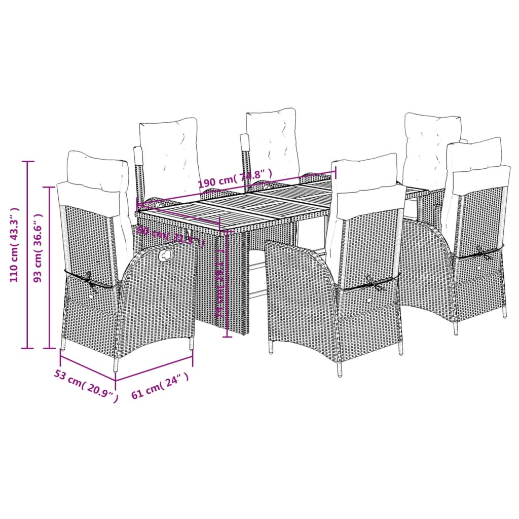 vidaXL 7-tlg. Garten-Essgruppe mit Kissen Schwarz Poly Rattan