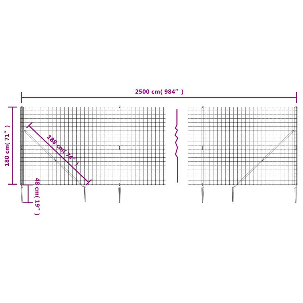 vidaXL Maschendrahtzaun mit Bodenhülsen Anthrazit 1,8x25 m