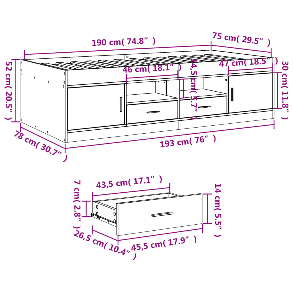 vidaXL Tagesbett mit Schubladen ohne Matratze Räuchereiche 75x190 cm