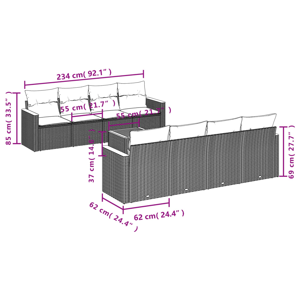 vidaXL 9-tlg. Garten-Sofagarnitur mit Kissen Schwarz Poly Rattan