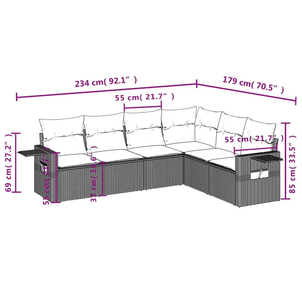 vidaXL 6-tlg. Garten-Sofagarnitur mit Kissen Schwarz Poly Rattan