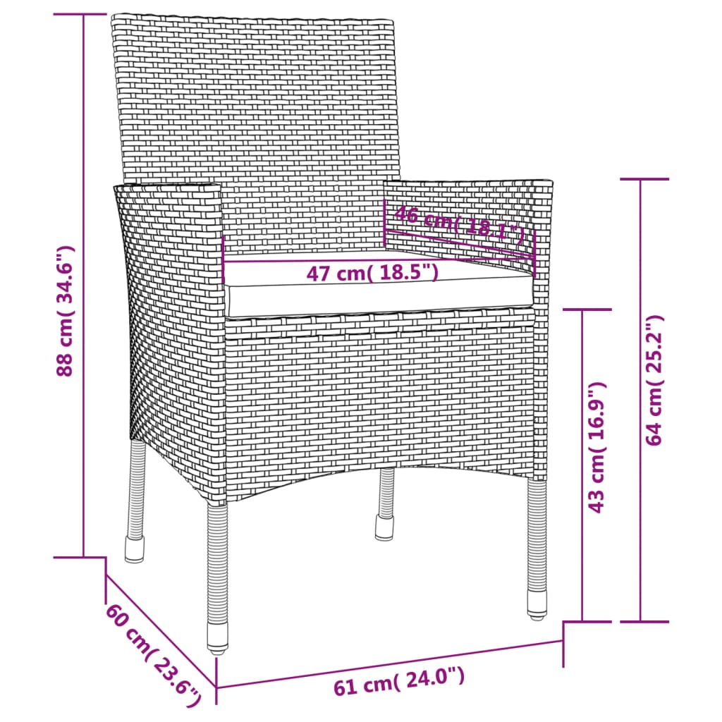 vidaXL 3-tlg. Garten-Bistro-Set mit Kissen Schwarz Poly Rattan