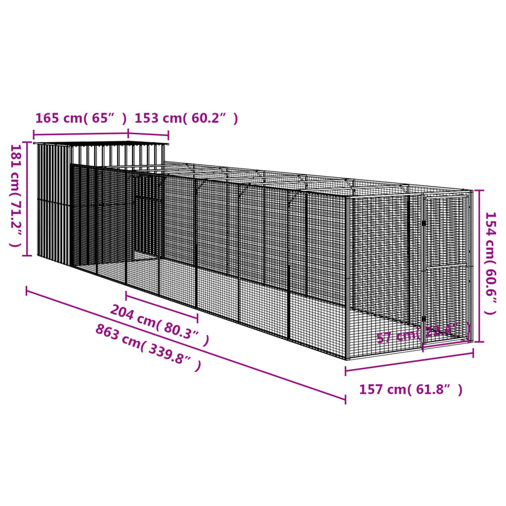 vidaXL Hundehütte mit Auslauf Hellgrau 165x863x181 cm Verzinkter Stahl