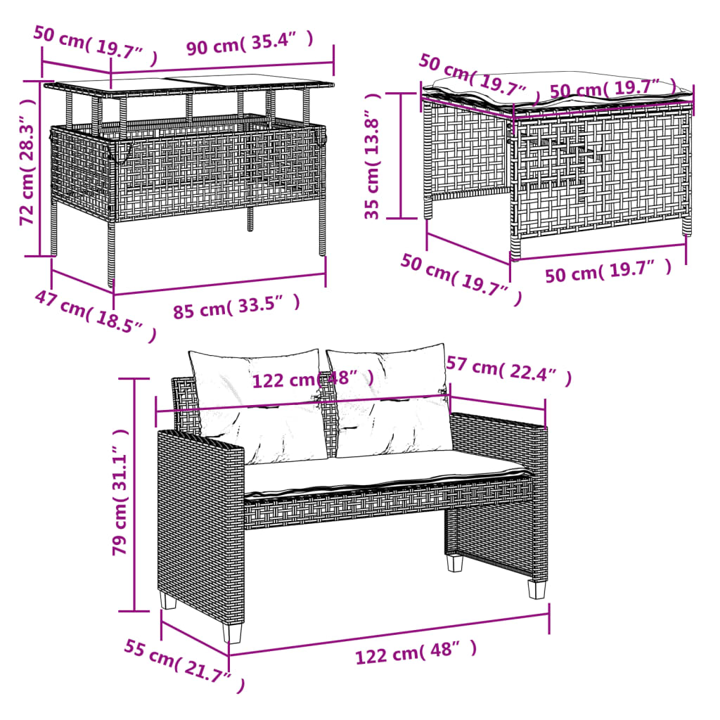 vidaXL 4-tlg. Garten-Sofagarnitur mit Kissen Schwarz Poly Rattan Glas