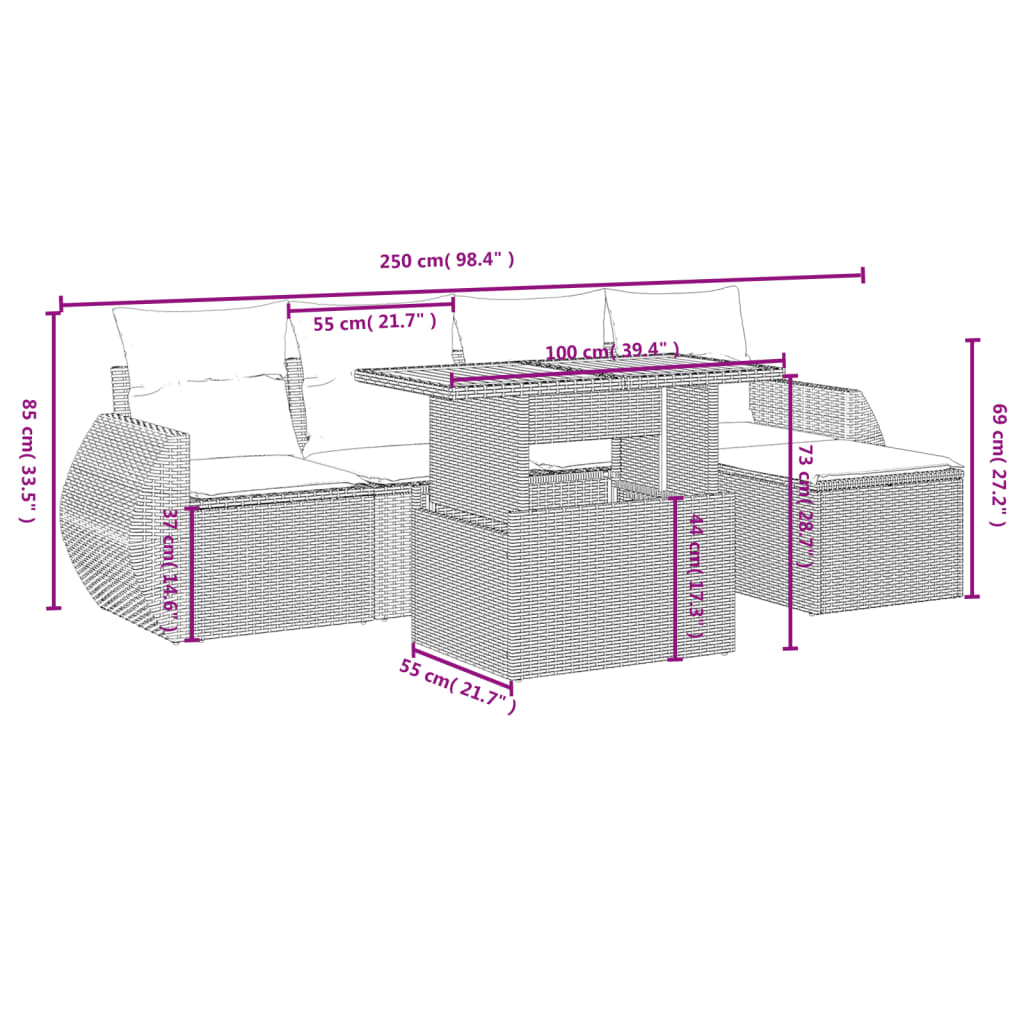 vidaXL 6-tlg. Garten-Sofagarnitur mit Kissen Schwarz Poly Rattan