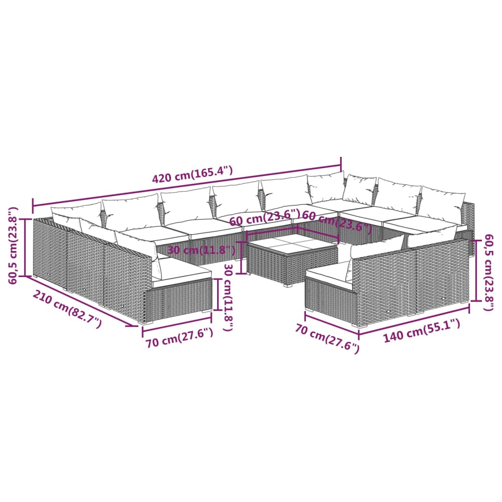 vidaXL 13-tlg. Garten-Lounge-Set mit Kissen Schwarz Poly Rattan