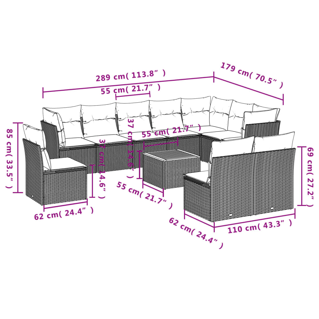 vidaXL 11-tlg. Garten-Sofagarnitur mit Kissen Beige Poly Rattan