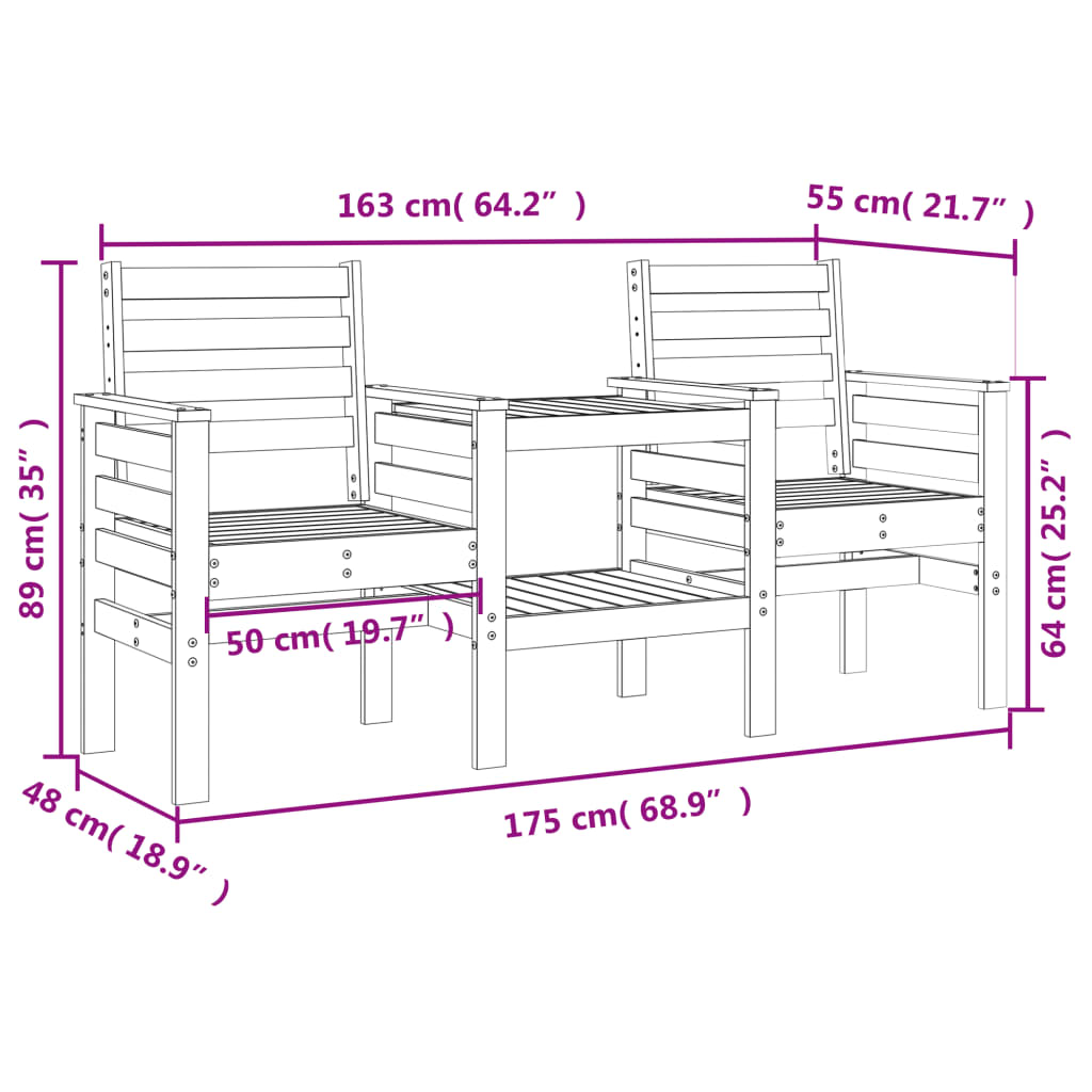 vidaXL Gartenbank mit Tisch 2-Sitzer Schwarz Massivholz Kiefer