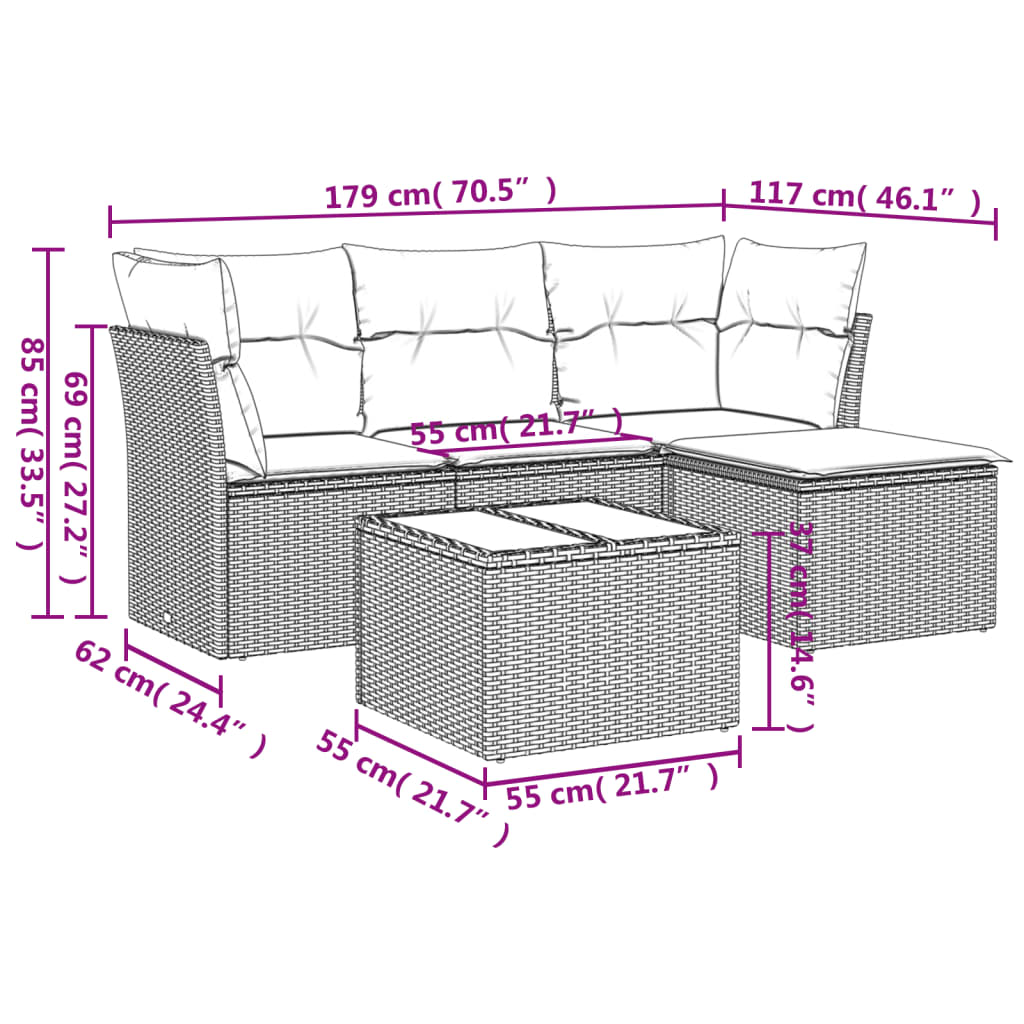 vidaXL 5-tlg. Garten-Sofagarnitur mit Kissen Schwarz Poly Rattan