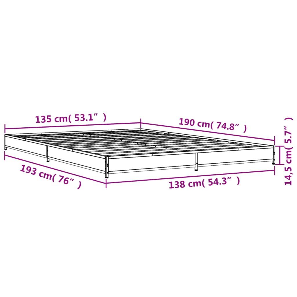 vidaXL Bettgestell Räuchereiche 135x190 cm Holzwerkstoff und Metall