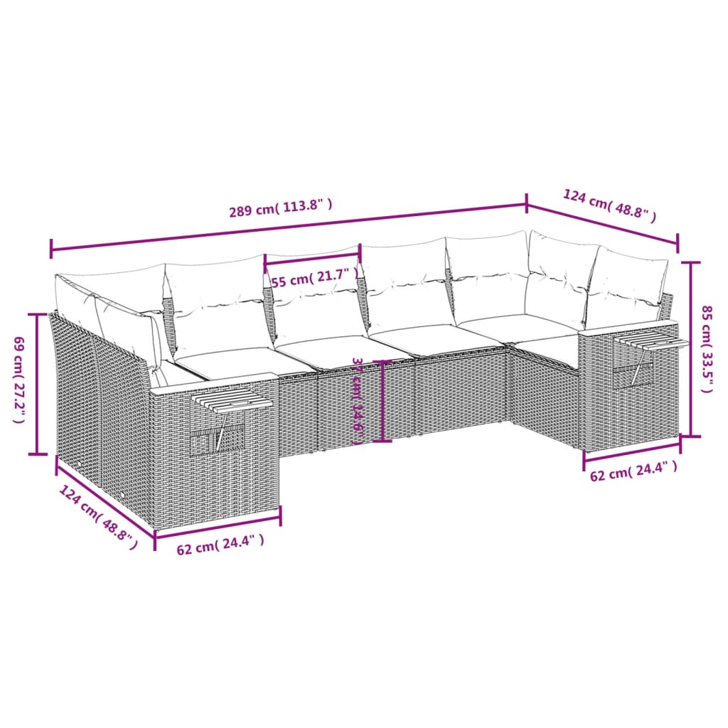 vidaXL 7-tlg. Garten-Sofagarnitur mit Kissen Grau Poly Rattan