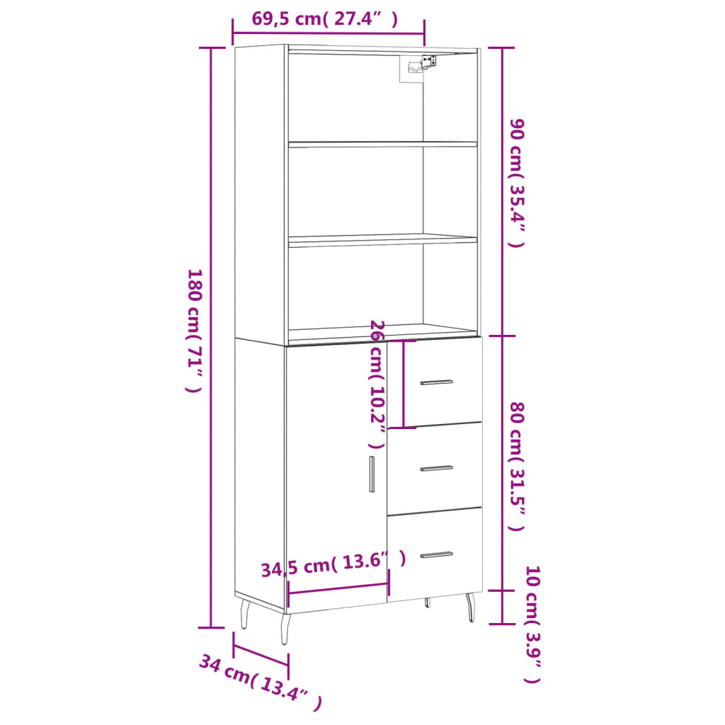 vidaXL Highboard Räuchereiche 69,5x34x180 cm Holzwerkstoff