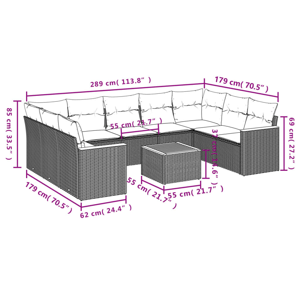 vidaXL 10-tlg. Garten-Sofagarnitur mit Kissen Schwarz Poly Rattan