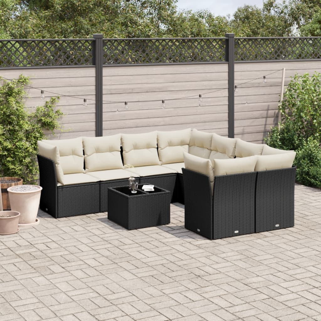 vidaXL 9-tlg. Garten-Sofagarnitur mit Kissen Schwarz Poly Rattan