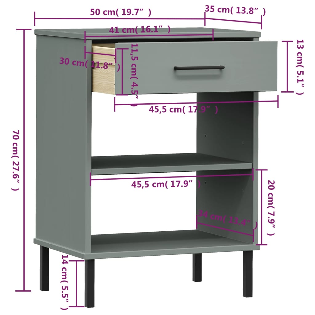 vidaXL Konsolenschrank OSLO mit Metallbeinen Grau Massivholz Kiefer