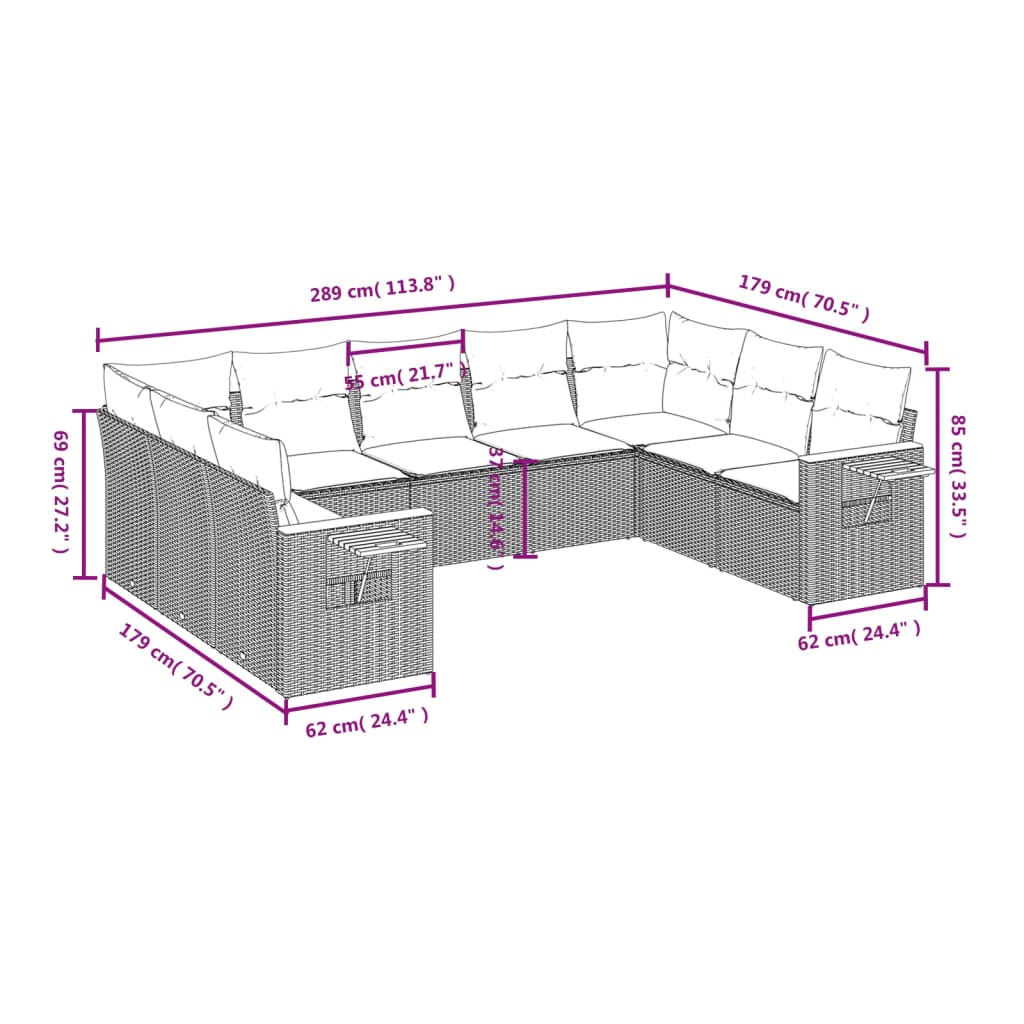 vidaXL 9-tlg. Garten-Sofagarnitur mit Kissen Schwarz Poly Rattan