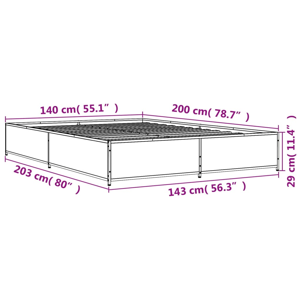 vidaXL Bettgestell Grau Sonoma 140x200 cm Holzwerkstoff und Metall