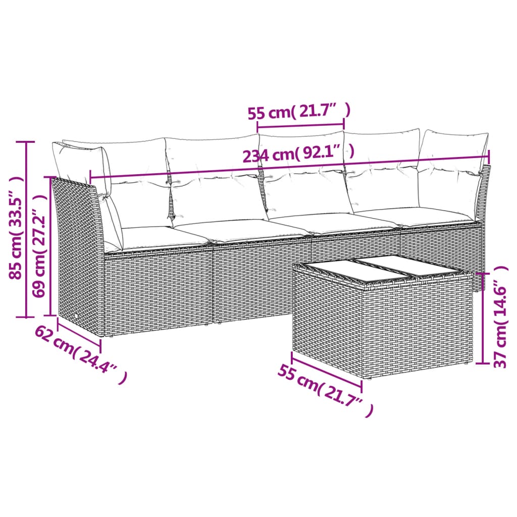 vidaXL 5-tlg. Garten-Sofagarnitur mit Kissen Beige Poly Rattan