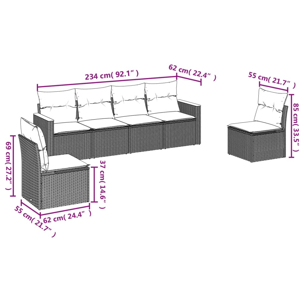 vidaXL 6-tlg. Garten-Sofagarnitur mit Kissen Grau Poly Rattan