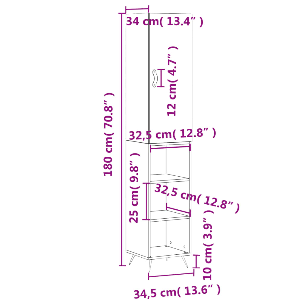 vidaXL Highboard Sonoma-Eiche 34,5x34x180 cm Holzwerkstoff