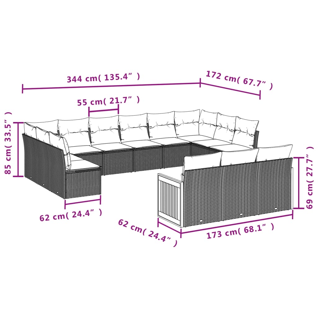 vidaXL 13-tlg. Garten-Sofagarnitur mit Kissen Grau Poly Rattan