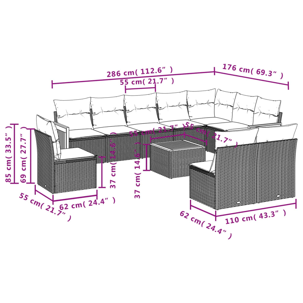 vidaXL 11-tlg. Garten-Sofagarnitur mit Kissen Schwarz Poly Rattan