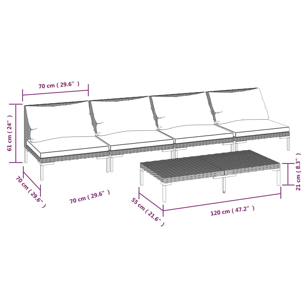 vidaXL 5-tlg. Garten-Lounge-Set mit Kissen Poly Rattan Dunkelgrau