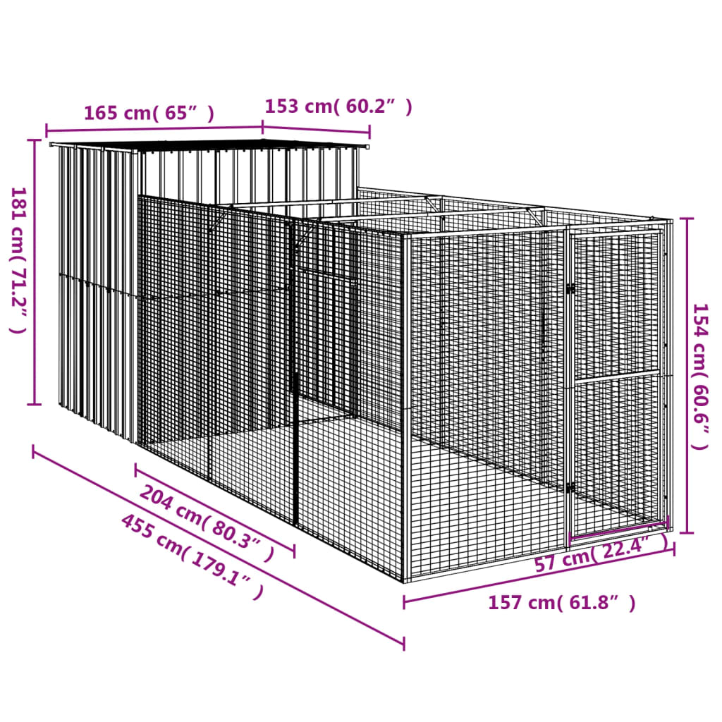 vidaXL Hundehütte mit Auslauf Hellgrau 165x455x181 cm Verzinkter Stahl