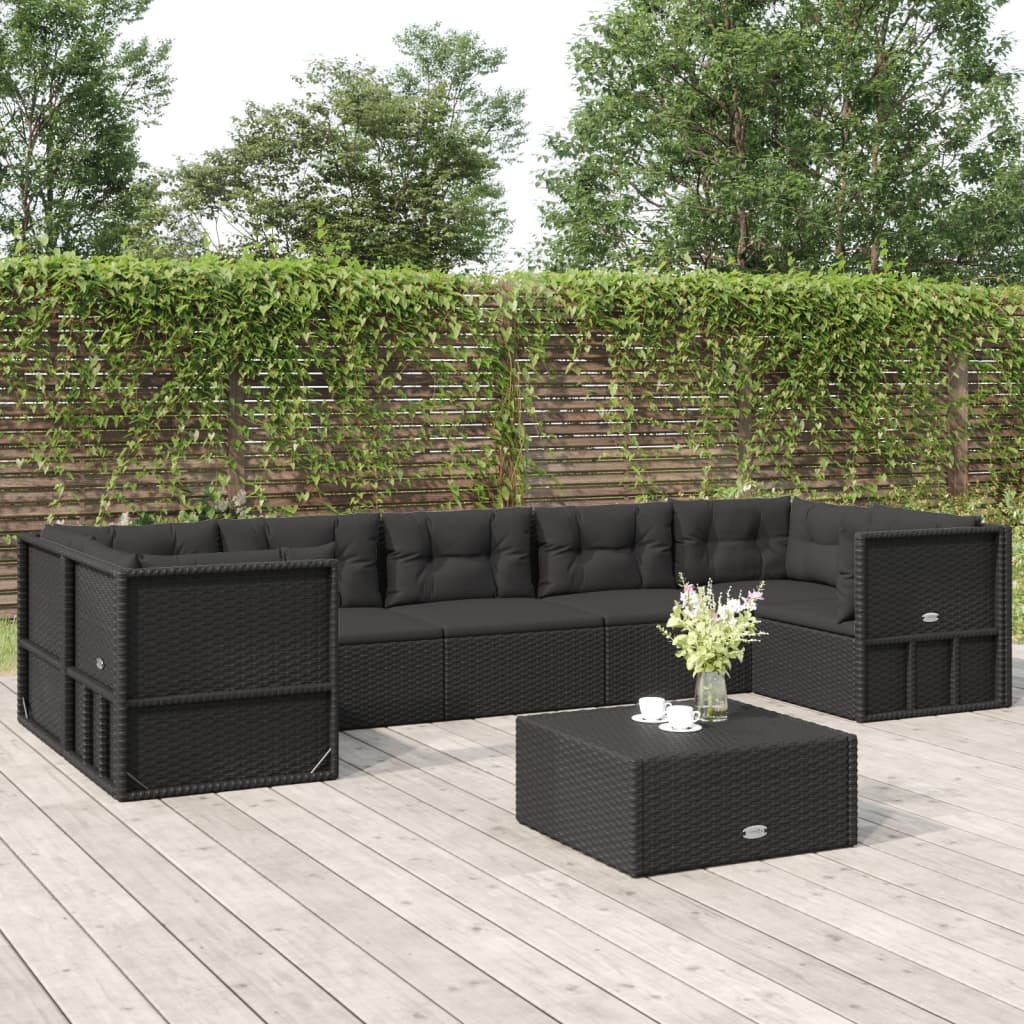 vidaXL 7-tlg. Garten-Lounge-Set mit Kissen Schwarz Poly Rattan