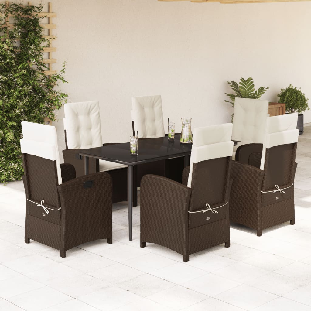 vidaXL 7-tlg. Garten-Essgruppe mit Kissen Braun Poly Rattan