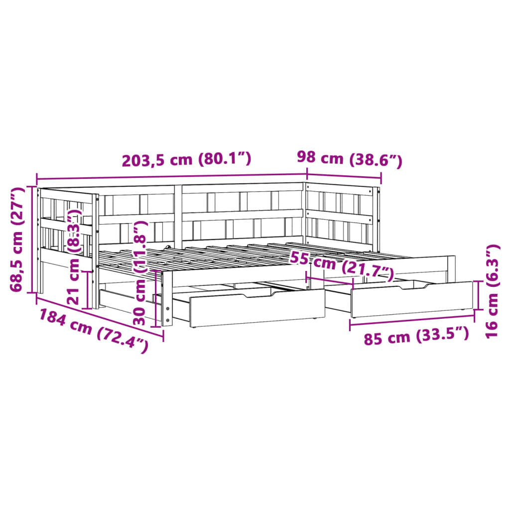 vidaXL Tagesbett Ausziehbar mit Schubladen Weiß 90x200 cm Kiefernholz