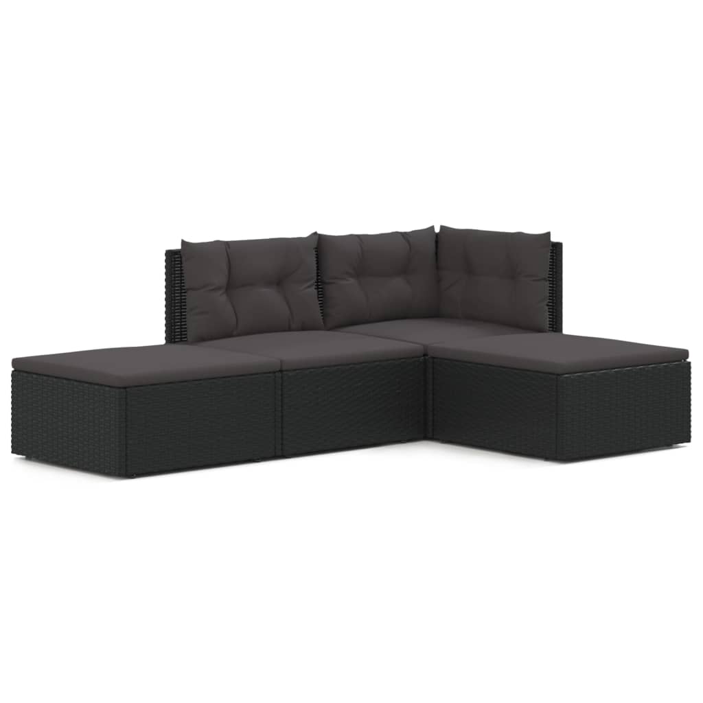 vidaXL 4-tlg. Garten-Lounge-Set mit Kissen Schwarz Poly Rattan