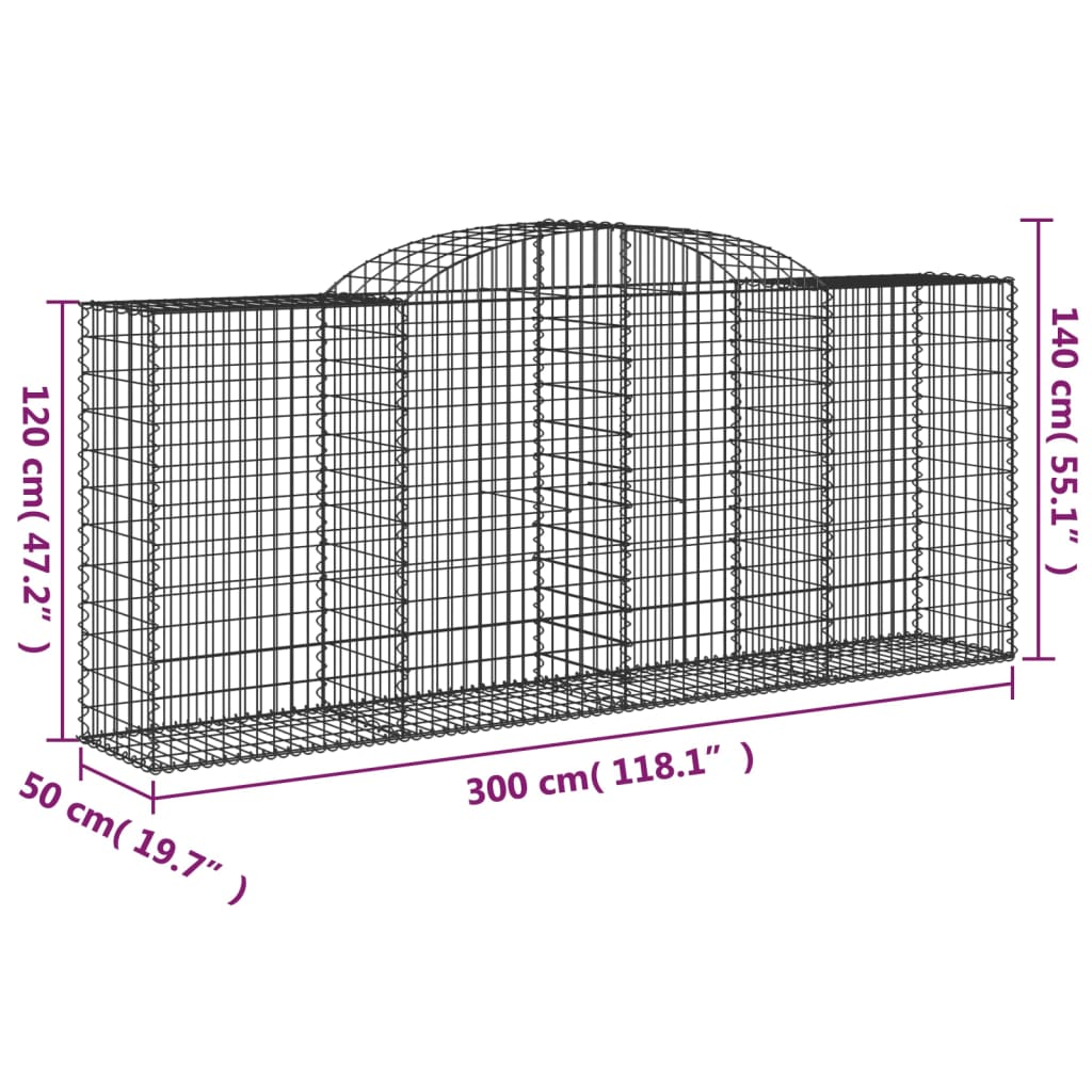 vidaXL Gabionen mit Hochbogen 3 Stk. 300x50x120/140cm Verzinktes Eisen