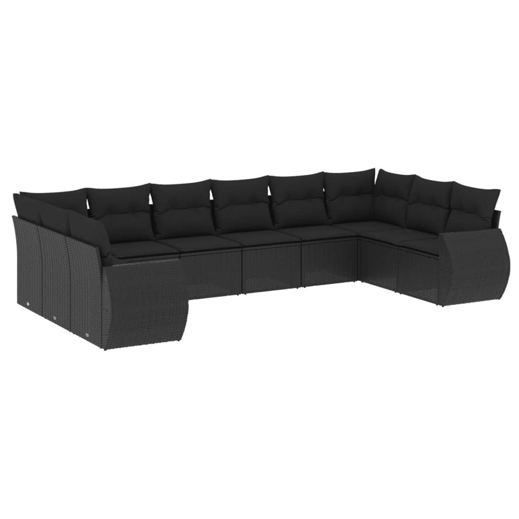 vidaXL 10-tlg. Garten-Sofagarnitur mit Kissen Schwarz Poly Rattan