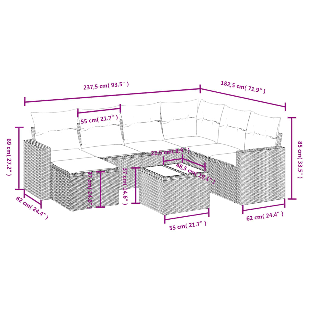 vidaXL 8-tlg. Garten-Sofagarnitur mit Kissen Hellgrau Poly Rattan